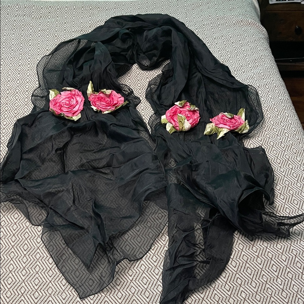 Elegant Black Scarf with Pink Floral Accents